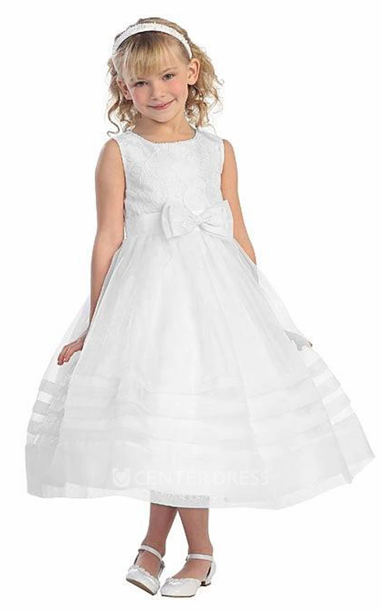 Tea-Length Pleated Tiered Lace&Organza Flower Girl Dress