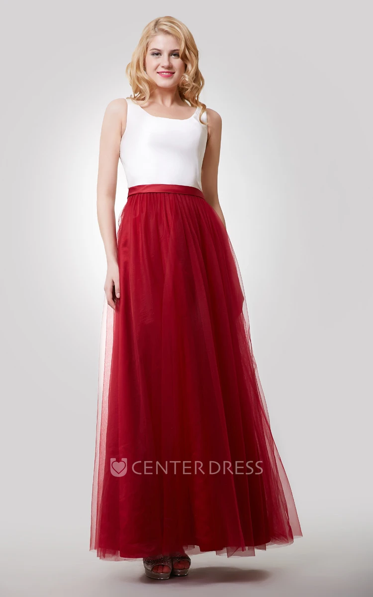 A-Line Sleeveless Color Blocking Dress With Tulle Skirt and Bateau Neck