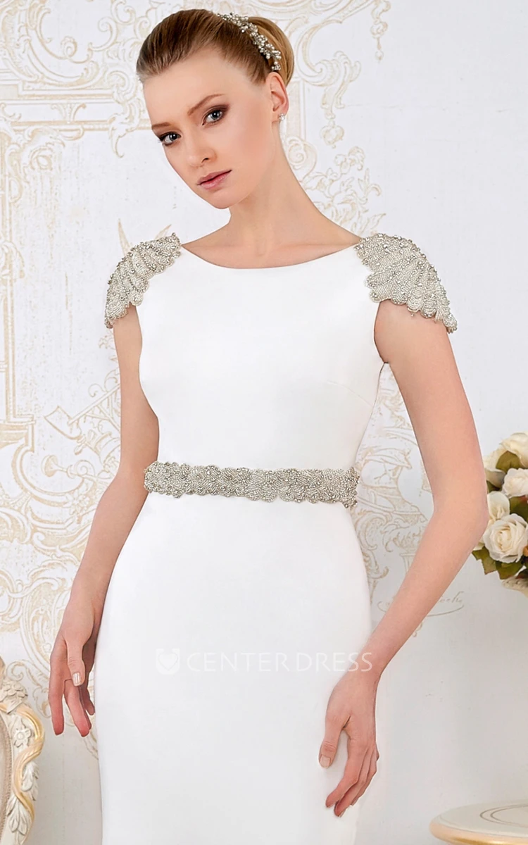 Sheath Maxi Cap-Sleeve Scoop-Neck Beaded Satin Chiffon Wedding Dress