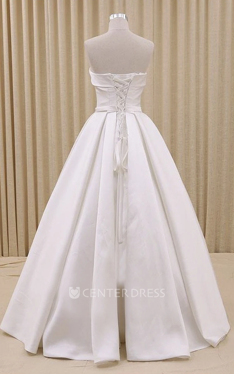Ruched Strapless Princess Lace-up Wedding Dress With Bow Delicated Belt