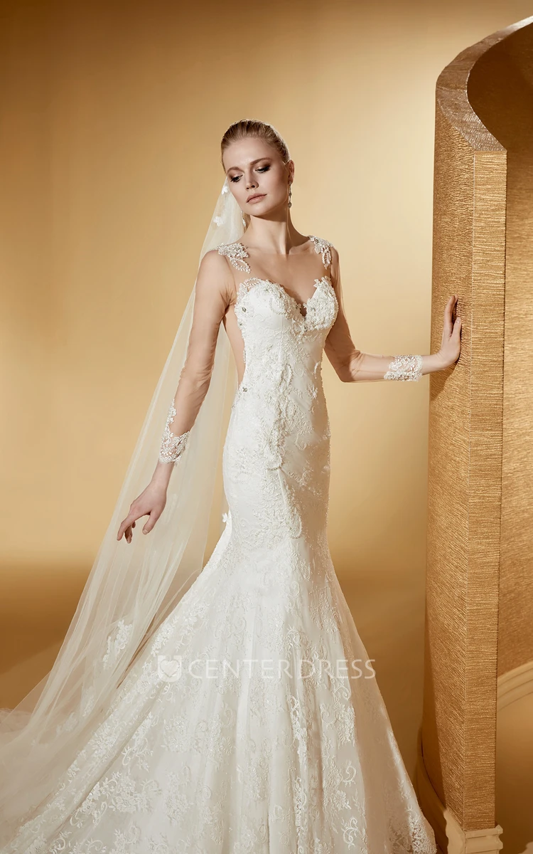 Elegant Long-Sleeve Mermaid Lace Gown With Illusive Design And Court Train