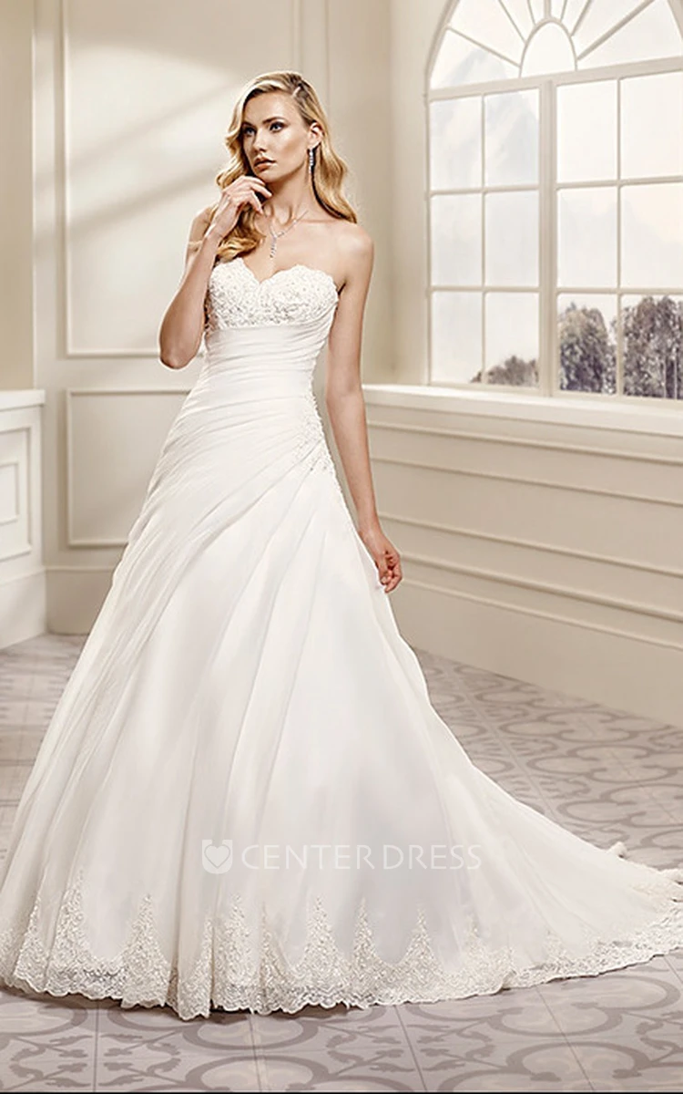A-Line Ruched Floor-Length Sweetheart Tulle&Satin Wedding Dress With Appliques And Corset Back