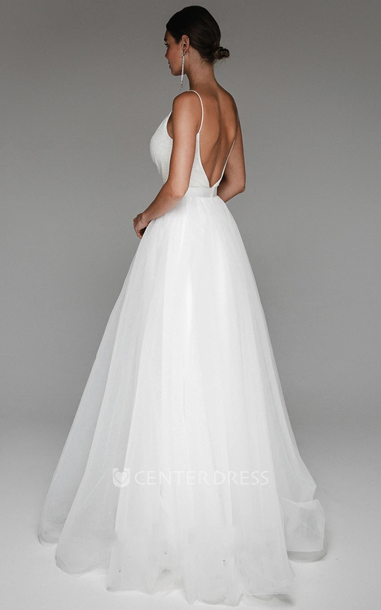 Elegant A Line Tulle Spaghetti V-neck Wedding Dress with Sash