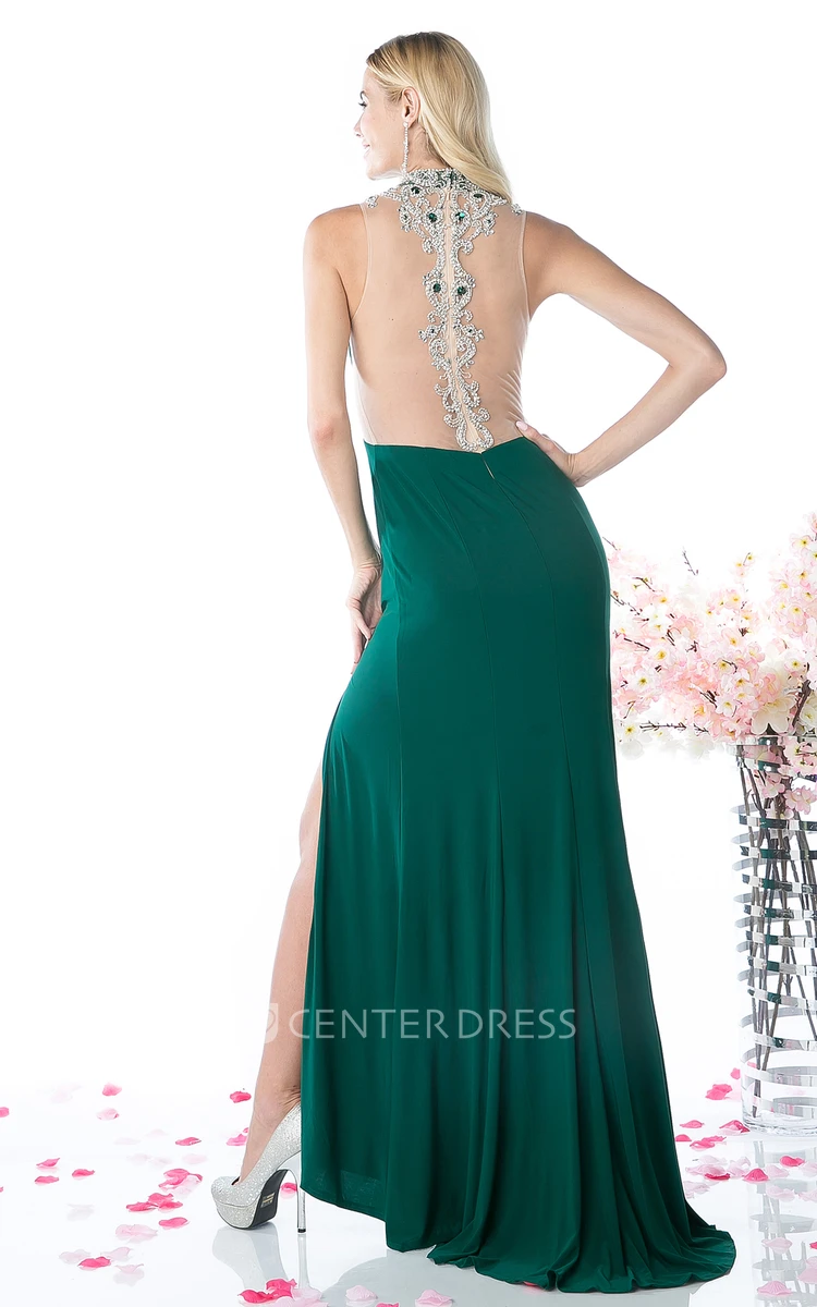 Sheath High Neck Sleeveless Jersey Illusion Dress With Split Front And Beading