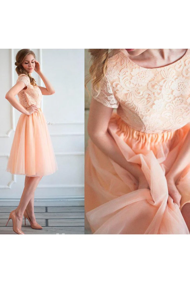 Bateau Cap Sleeve V Back A-line Tulle Short Dress With Lace Top