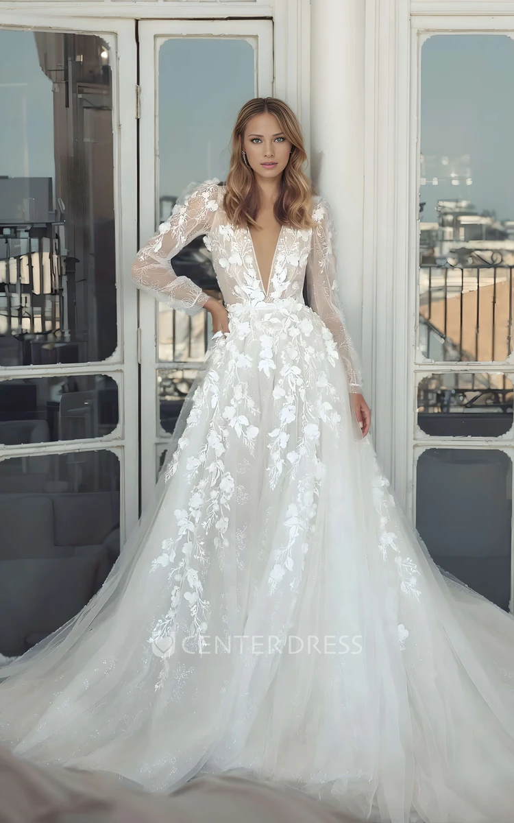 Graceful Elegant A-Line Lace Long Sleeve Spring Wedding Dress with Long Train Ethereal Princess Plunging Neckline Garden Bridal Gown