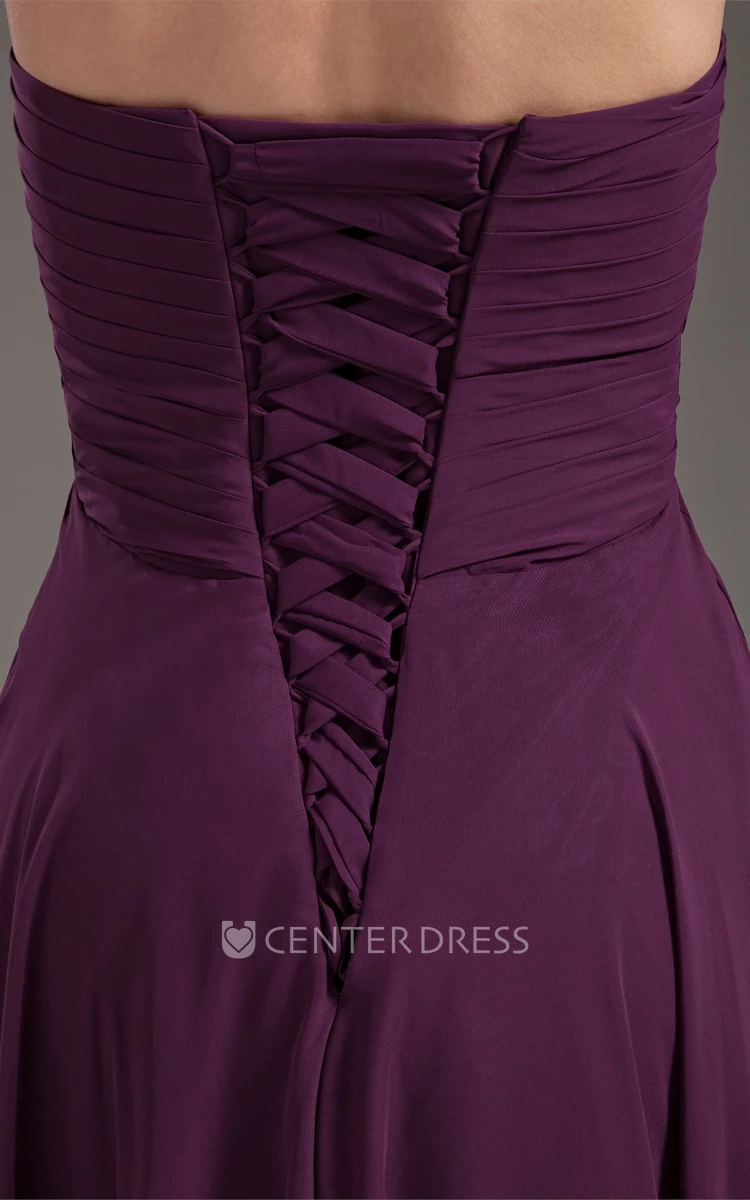 chiffon criss-cross maxi sweetheart dress with corset back and pleats