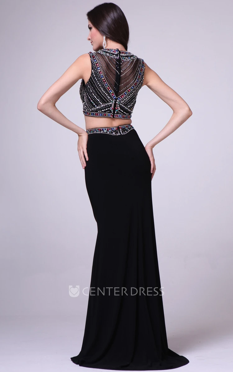 Two-Piece Sheath Maxi Jewel-Neck Sleeveless Jersey Illusion Dress With Crystal Detailing