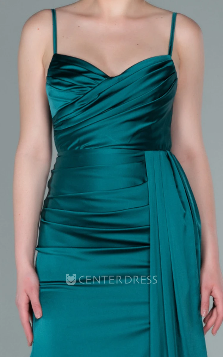 Sexy Sheath Spaghetti Satin Formal Dress With Zipper And Split Front
