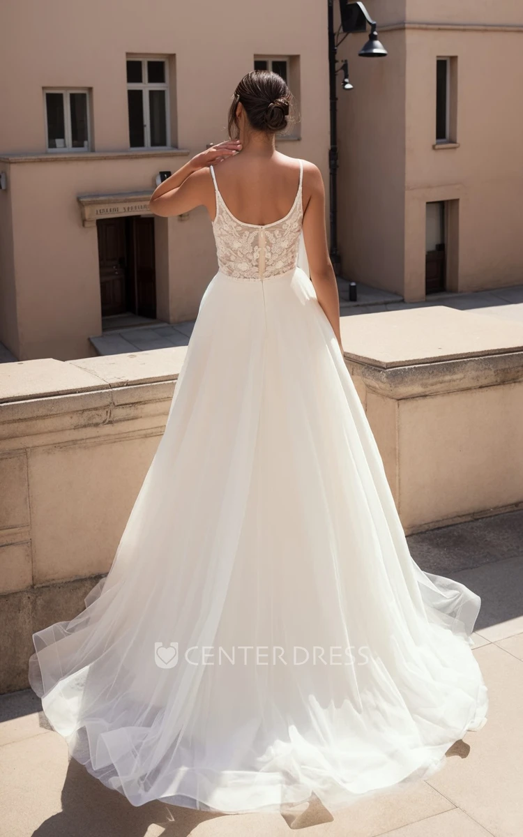 Romantic A-Line Elegant Summer Wedding Dress Plunging Beading Tulle Spaghetti Bridal Gown
