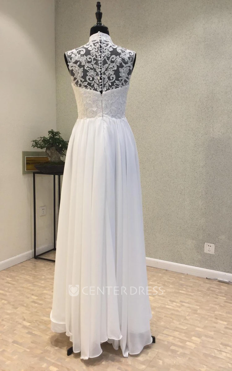 Elegant Garden Style Chiffon Sheath High-neck Sleeveless Floor-length Wedding Dress
