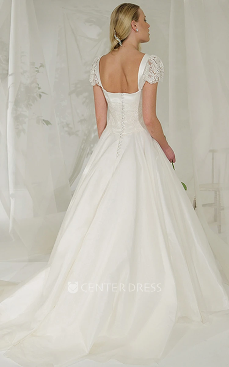 A-Line Cap-Sleeve Floor-Length Tulle&Satin Wedding Dress With Lace And Court Train