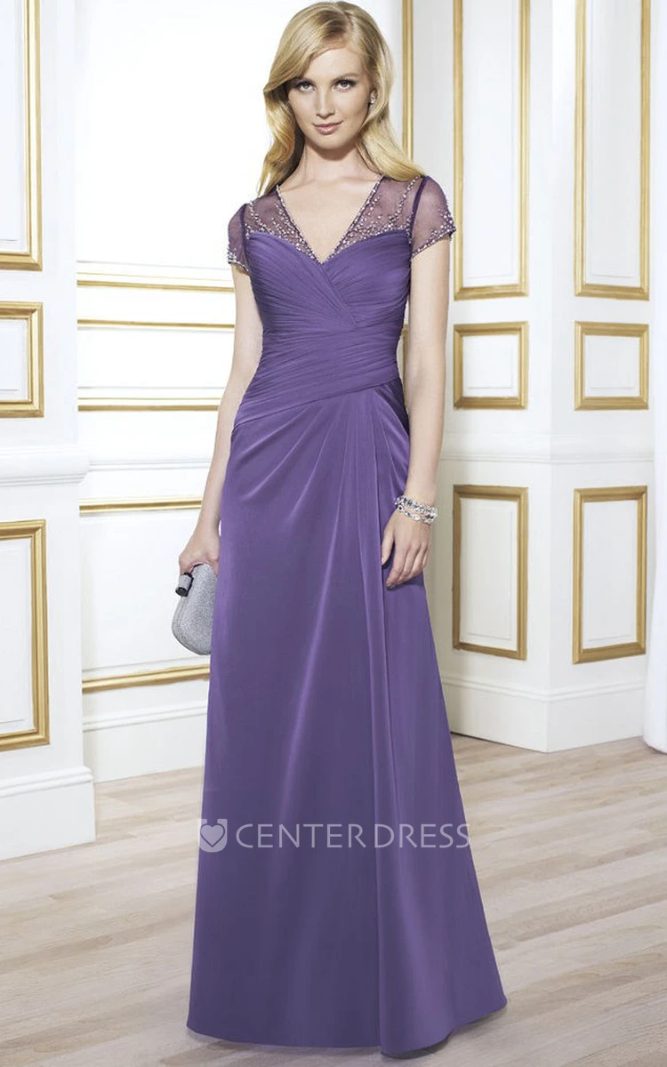 Ruched V-Neck Cap Sleeve Jersey Mother Of The Bride Dress With Beading