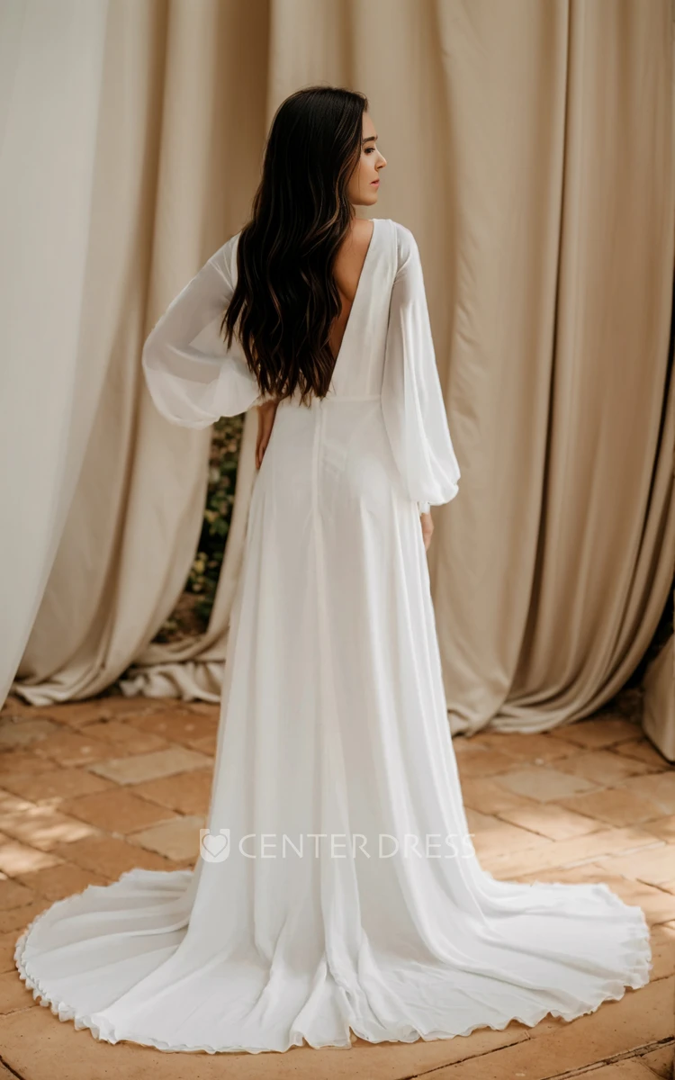 Fall Simple A-Line Long Sleeve Boho Wedding Dress Casual Modern Plunging Neckline Backless Court Train Bridal Gown