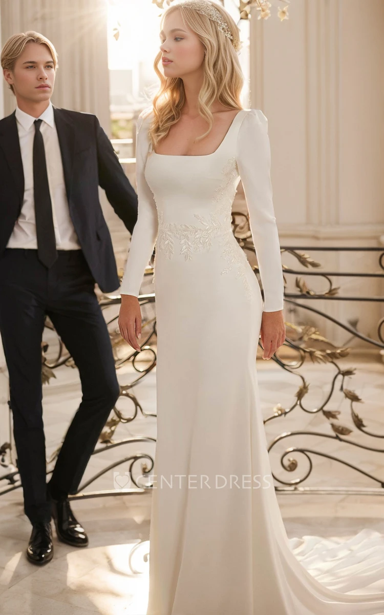 Elegant Vintage Mermaid Floor-length Jersey Wedding Dress Simple Solid Lace Appliques Square Neck Long Sleeve Button Back Court Bridal Gown