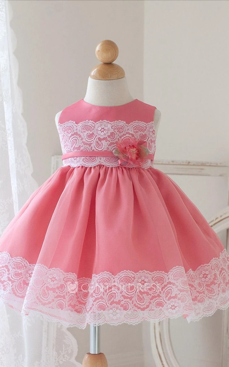 Tea-Length Appliqued Floral Lace&Organza Flower Girl Dress With Sash