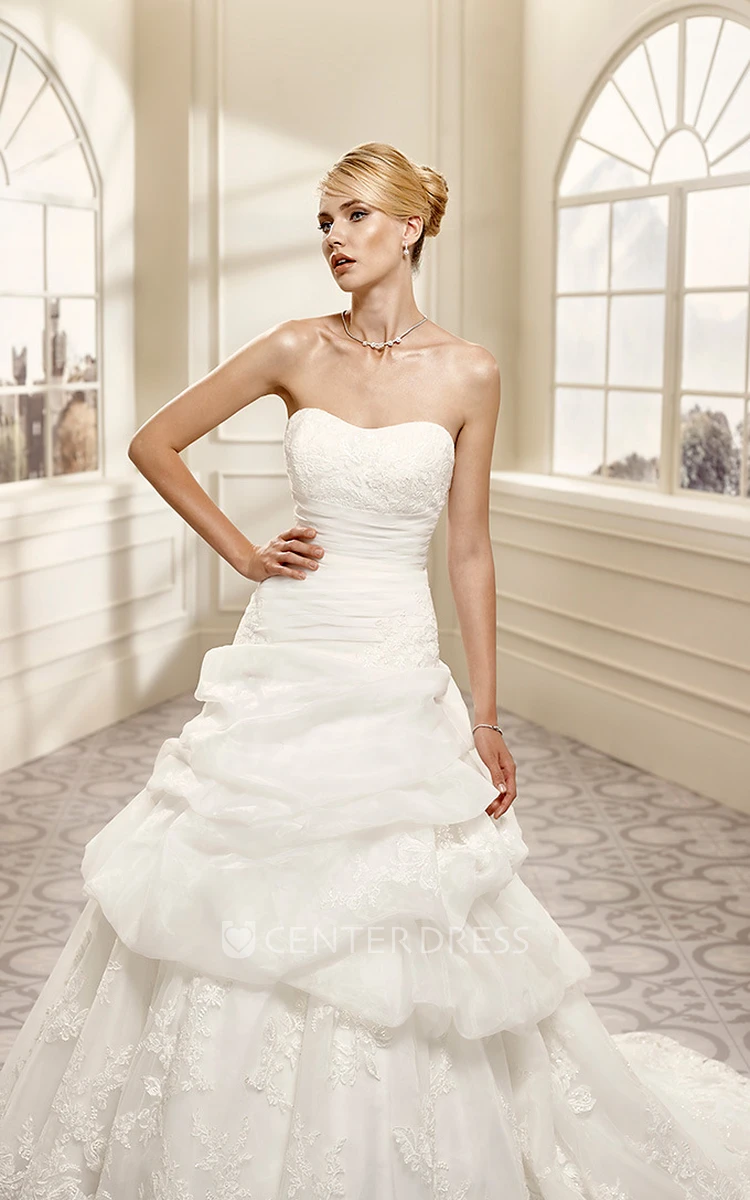 Ball Gown Strapless Appliqued Organza Wedding Dress With Pick Up And Lace Up
