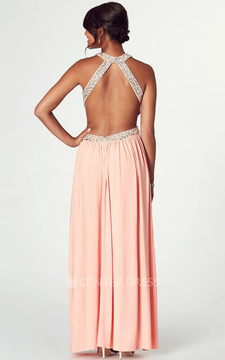 Scoop Neck Sleeveless Ruched Chiffon Prom Dress With Beading And Backless