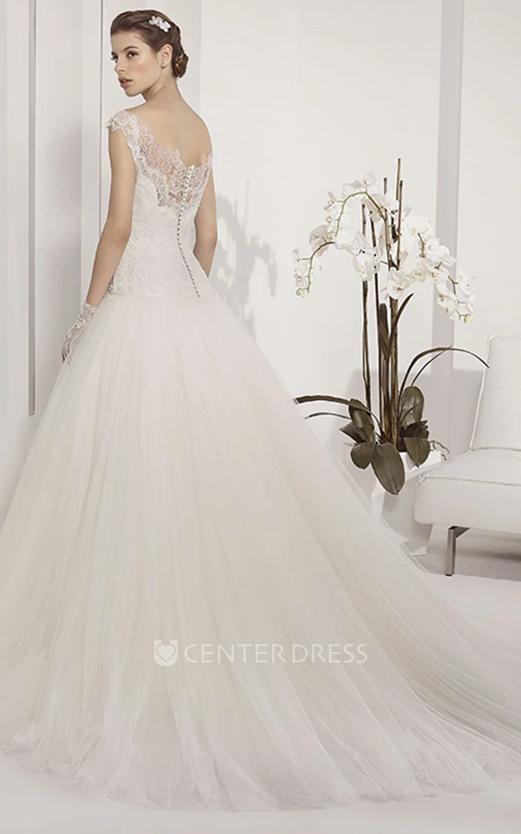V Neck Cap Sleeve Tulle Ball Gown With Wrop Waist And Flower