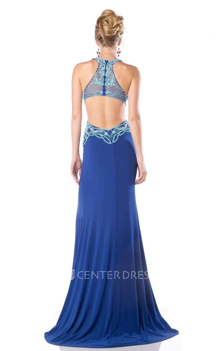 Sheath Maxi Jewel-Neck Jersey Illusion Dress With Beading And Split Front