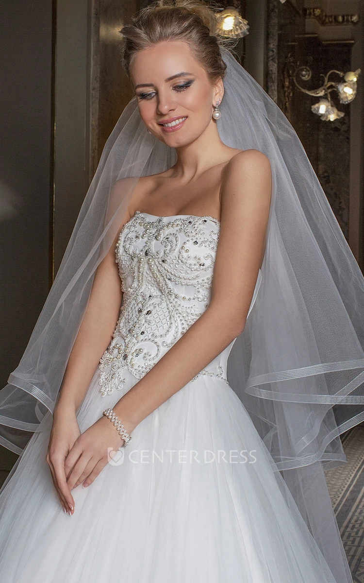 Floor-Length Strapless Beaded Tulle Wedding Dress With Pleats