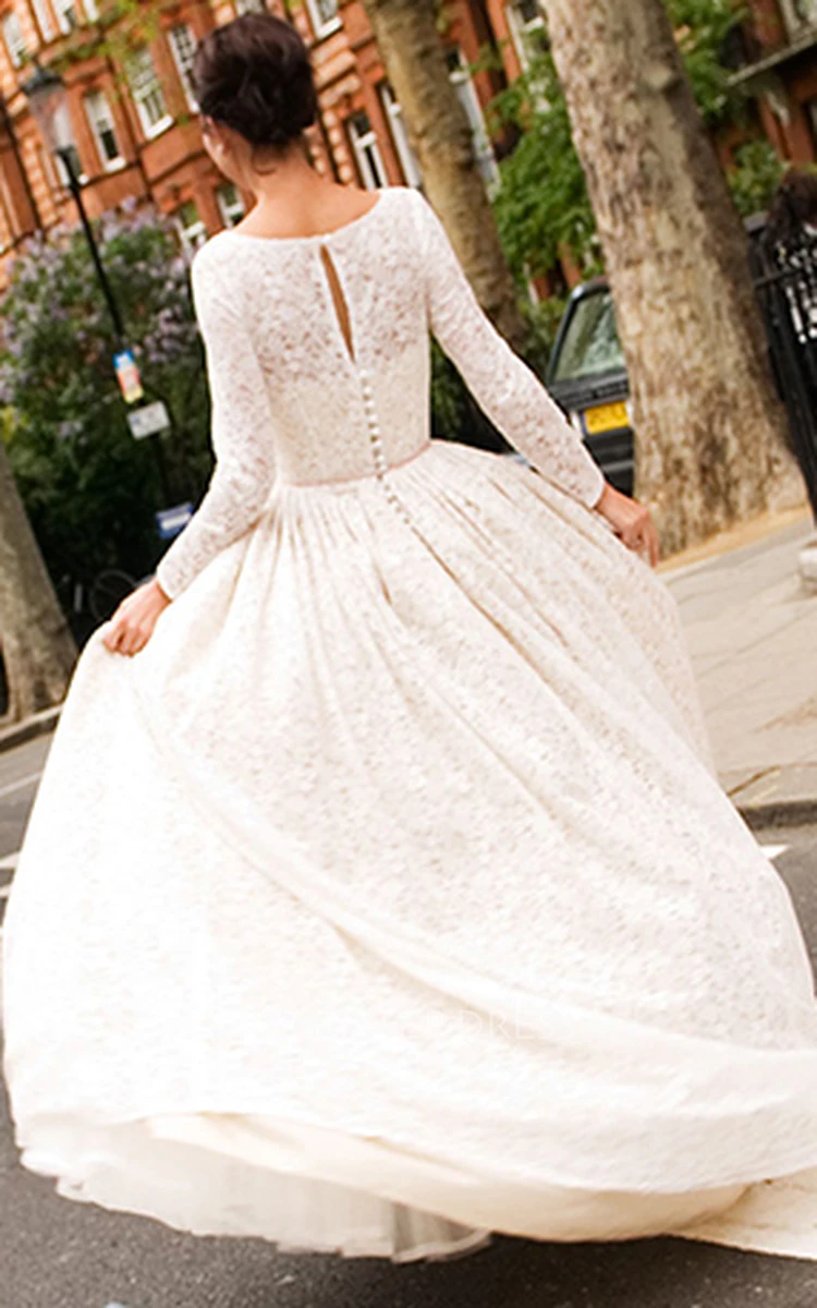 Sheath Floor-Length Long-Sleeve Lace Wedding Dress With Illusion Back