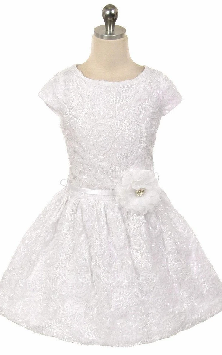 Tea-Length Pleated Tiered Tulle&Sequins Flower Girl Dress