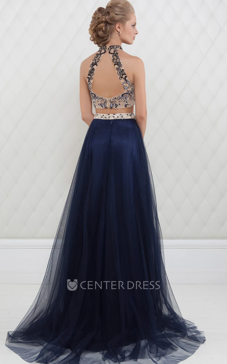 A-Line High-Neck Maxi Beaded Sleeveless Tulle Prom Dress