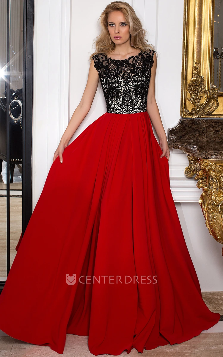 A-Line Scoop Lace Floor-Length Sleeveless Chiffon Prom Dress With Pleats