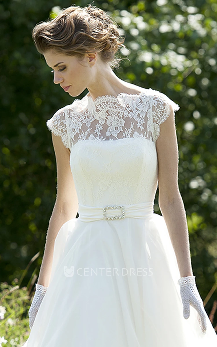 High Neck Maxi Cap-Sleeve Lace Chiffon Wedding Dress