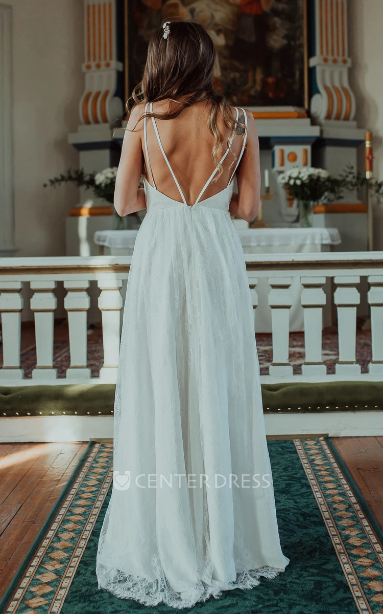 Sexy A Line V-neck Lace Floor-length Sleeveless Wedding Dress with Split Front and Low-V Back