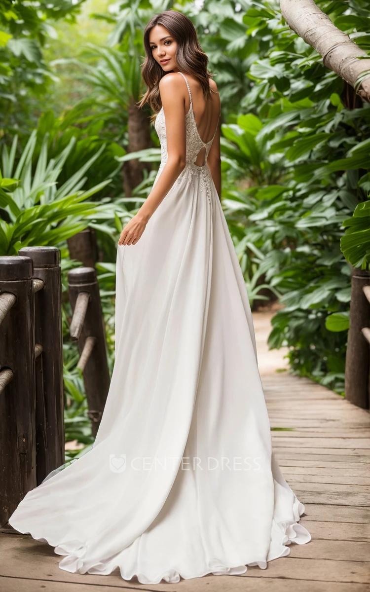 Ethereal Sexy A-Line Plunging Neckline Spaghetti Floor-length Chiffon Lace Wedding Gown Elegant Garden Lace Appliques Split Front Sleeveless Backless Bridal Dress with Button