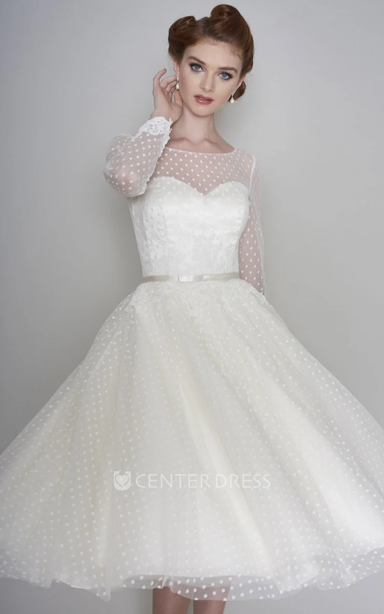 Long Sleeve Tea Length Vintage Illusion Bateau Sweetheart Tulle Wedding Dress