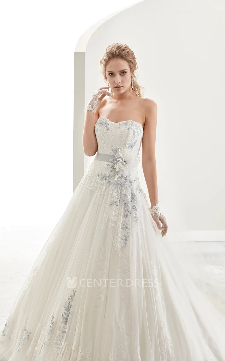 Strapless Flower-sash A-line Bridal Gown with Fine Appliques and Brush Train