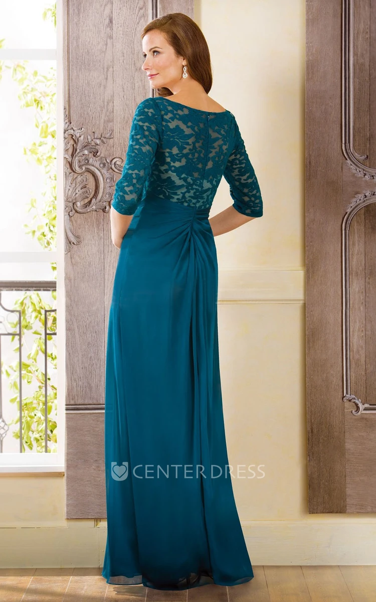 Half-Sleeved Bateau-Neck Long Gown With Side Slit And Lace