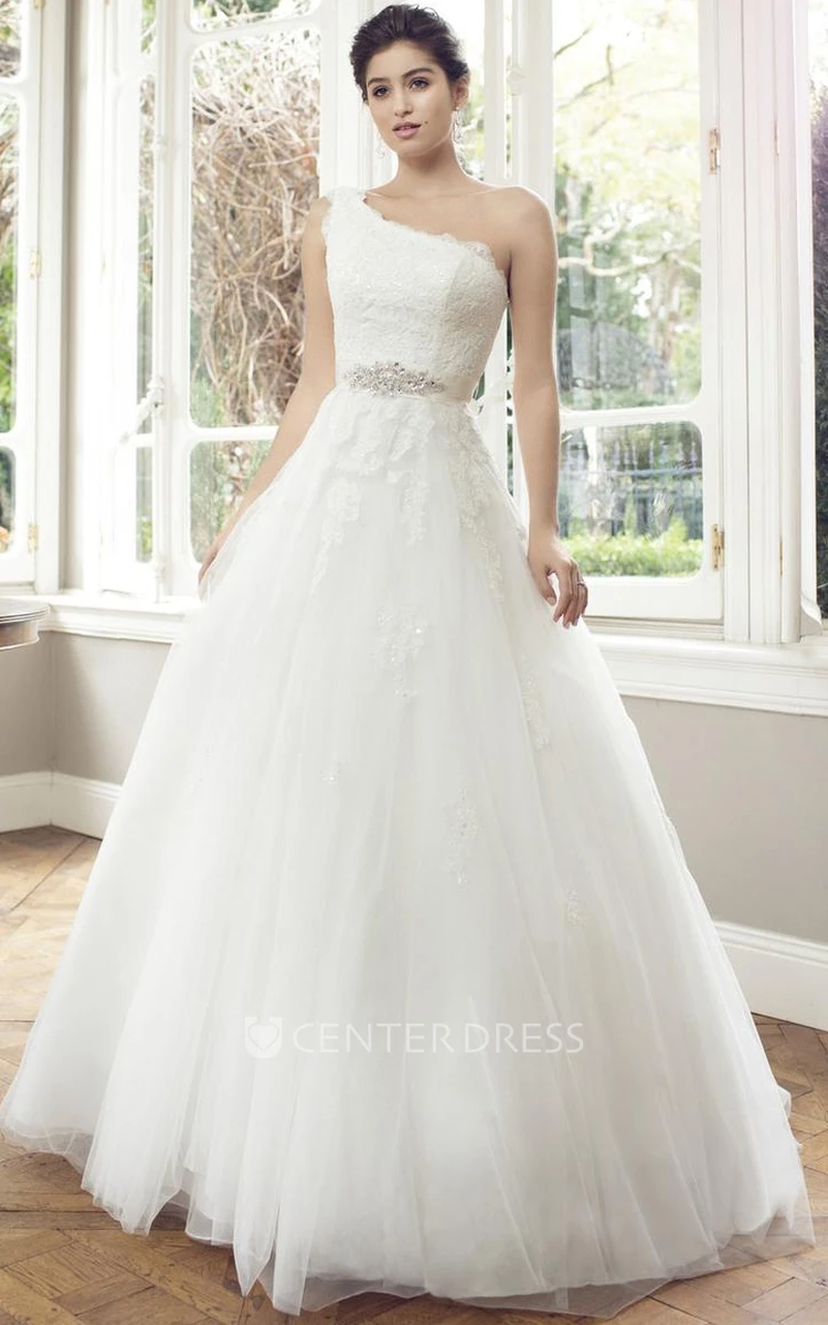Ball Gown One-Shoulder Sleeveless Jeweled Floor-Length Tulle Wedding Dress With Appliques And Corset Back