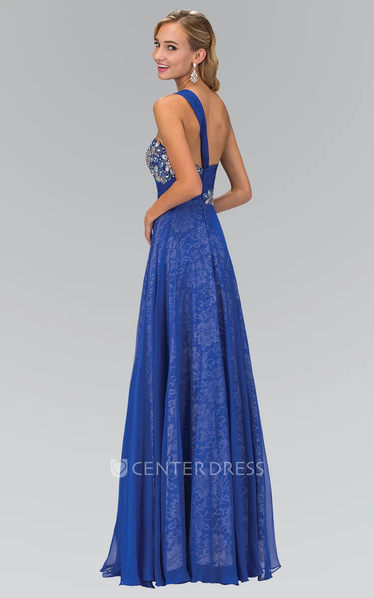 A-Line One-Shoulder Sleeveless Chiffon Lace Dress With Beading And Pleats