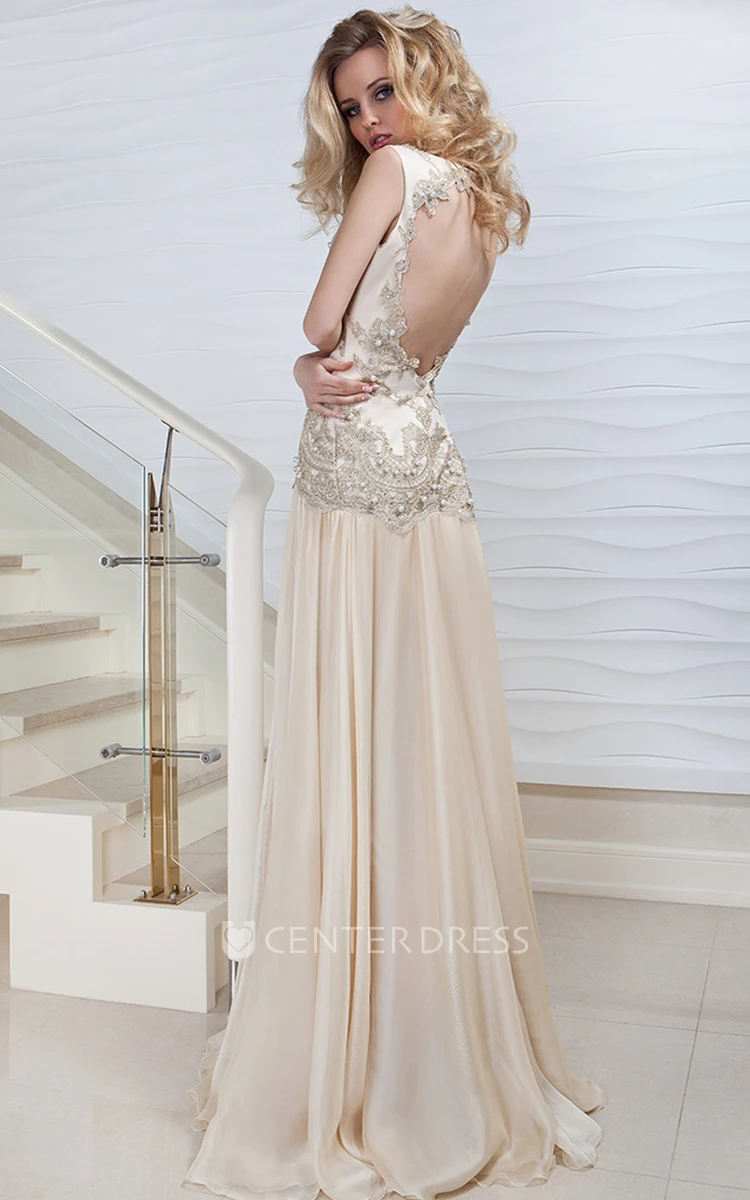 Sheath Jewel-Neck Split-Front Floor-Length Sleeveless Satin Prom Dress With Beading And Appliques