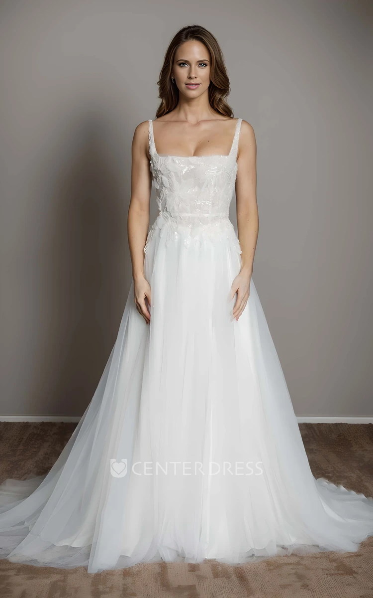 Modern Sexy A-Line Boho Lace Square Neck Wedding Dress Floral Elopement Straps Sleeveless Backless Tulle Bridal Gown with Beading