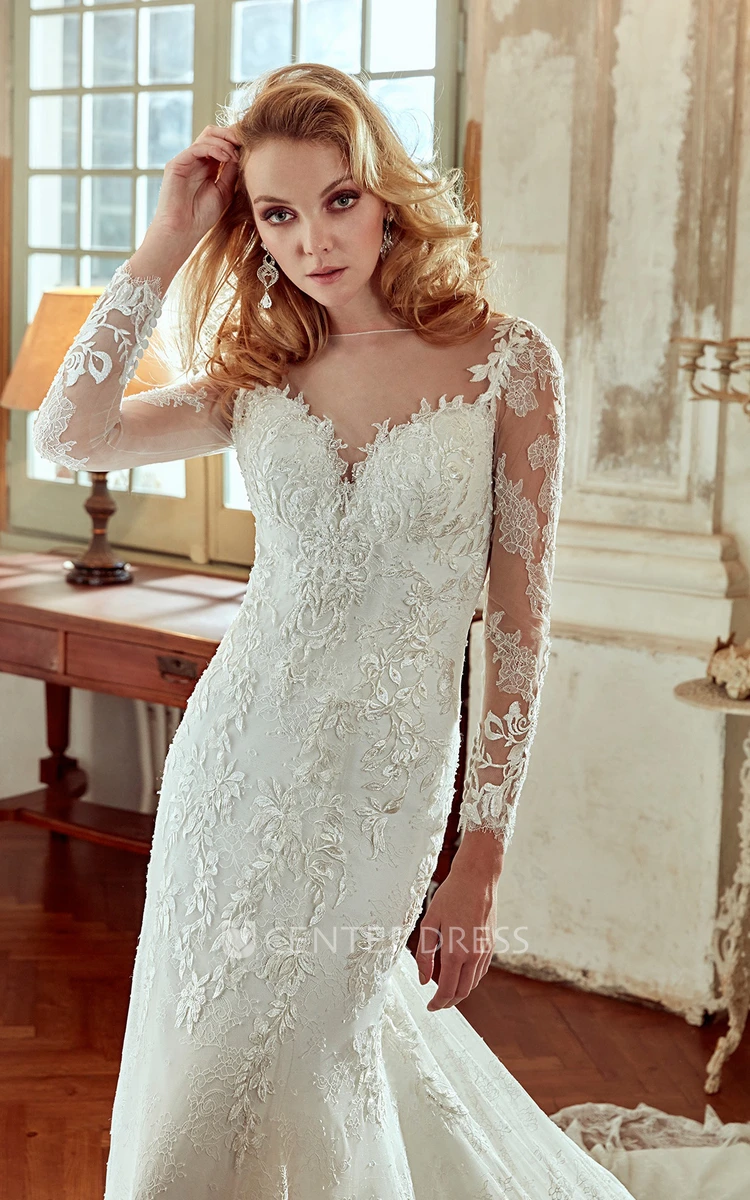 Sweetheart Long-Sleeve Lace Wedding Dress With Appliques And Court Train