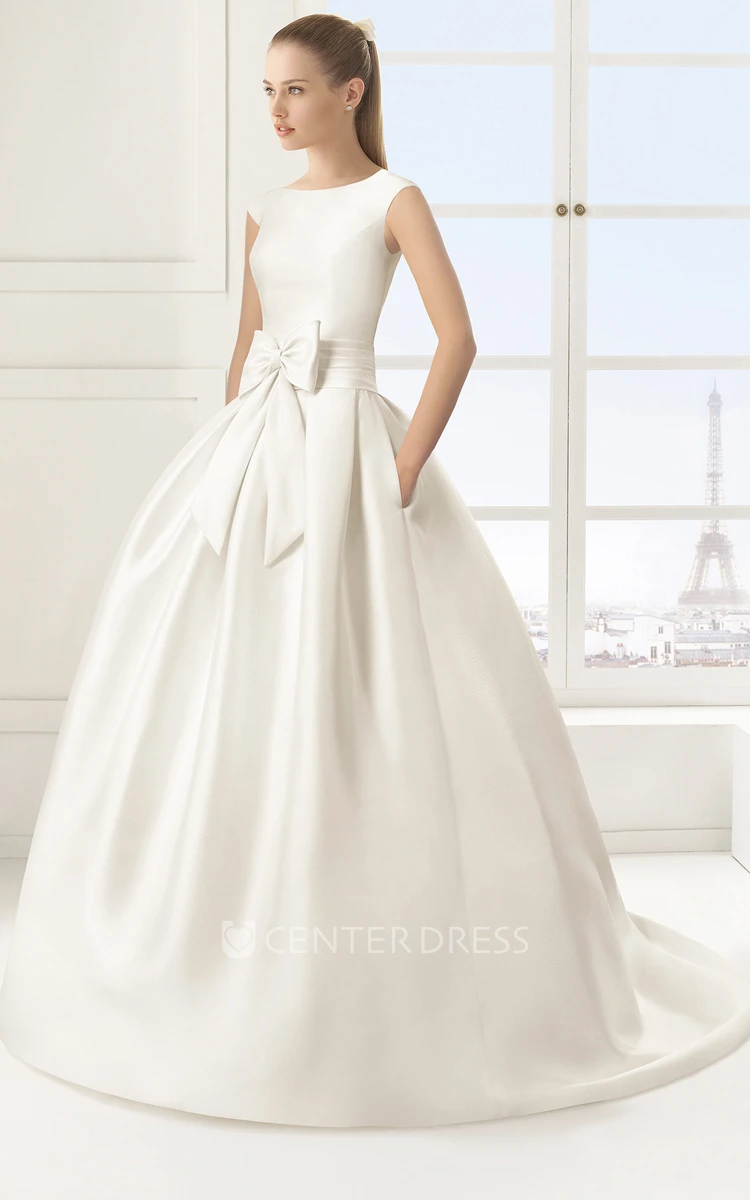 Angelic Sleeveless Satin Ball Gown With Bow Sash