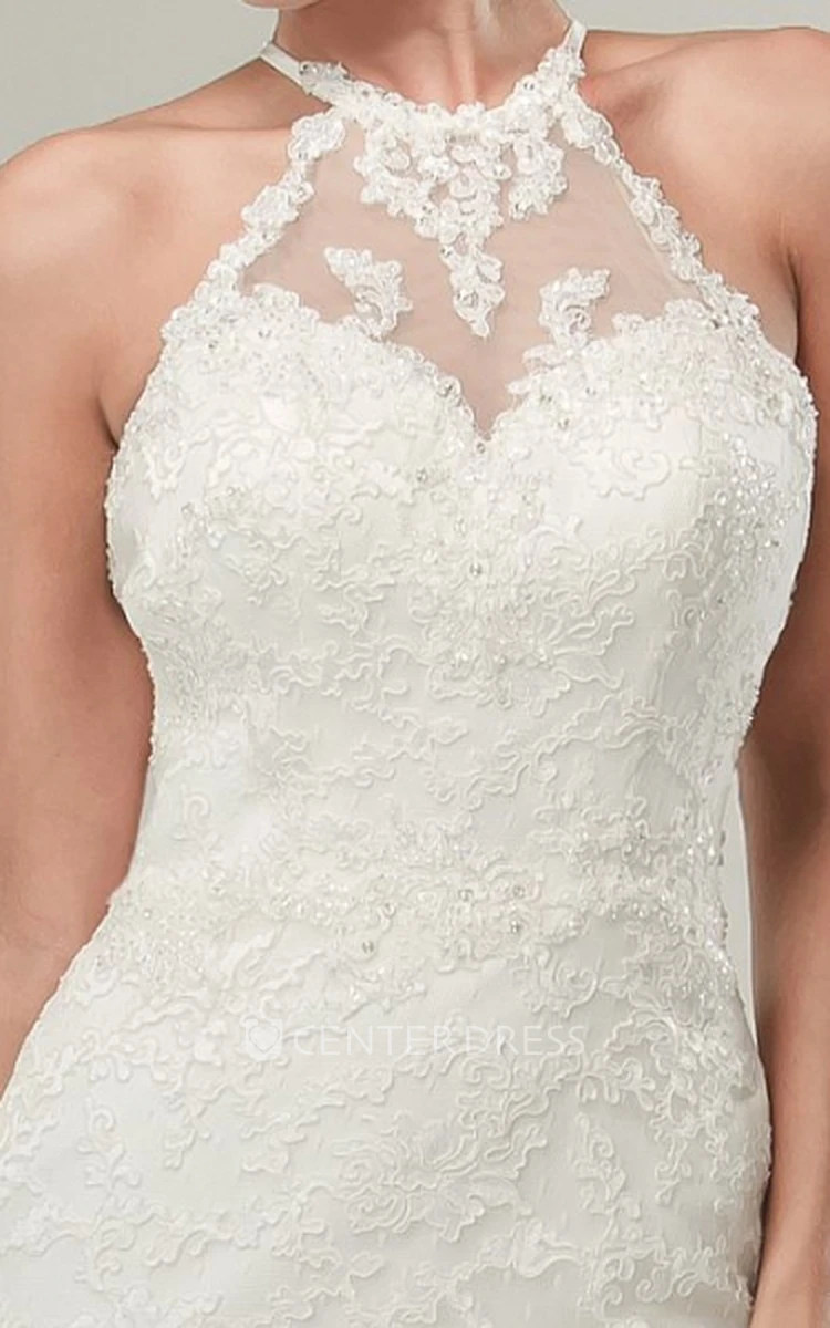 High Neck Long Appliqued Lace Wedding Dress With Sweep Train And Illusion