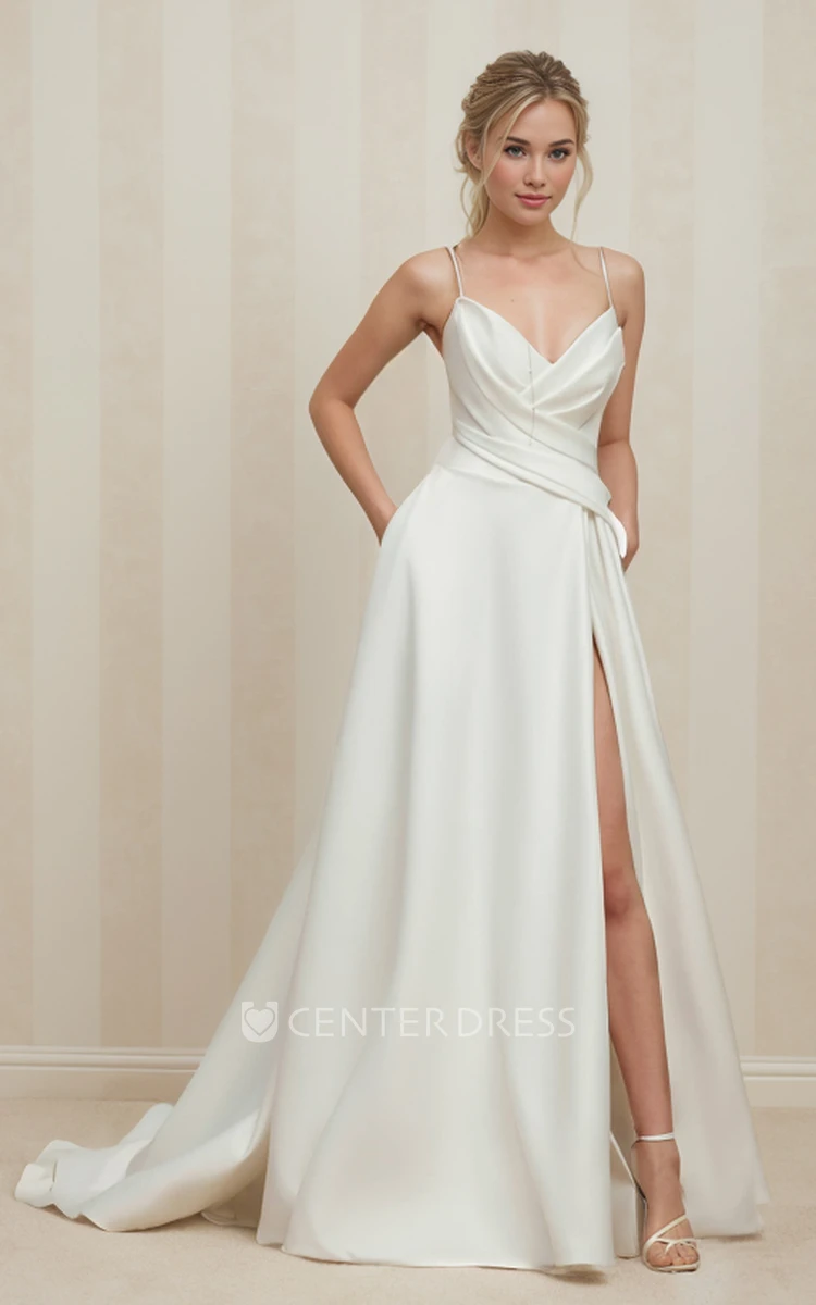 Simple Solid A-Line Floor-length Spaghetti Sleeveless Satin Wedding Dress Sexy Casual Split Front Beach Zipper V Back Bridal Gown with Train