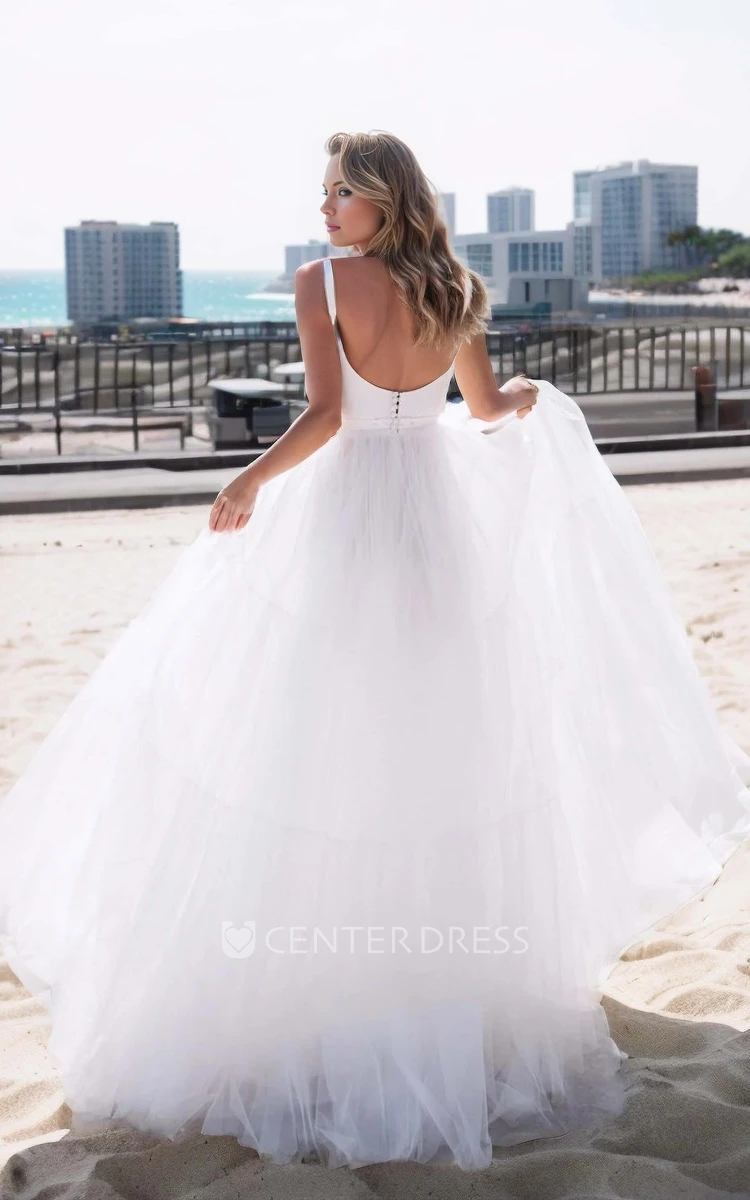 Casual Ethereal A-Line Tulle Scalloped Neck Straps Wedding Dress Sexy Elegant Solid Floor-length Sleeveless Open Back Bridal Dress