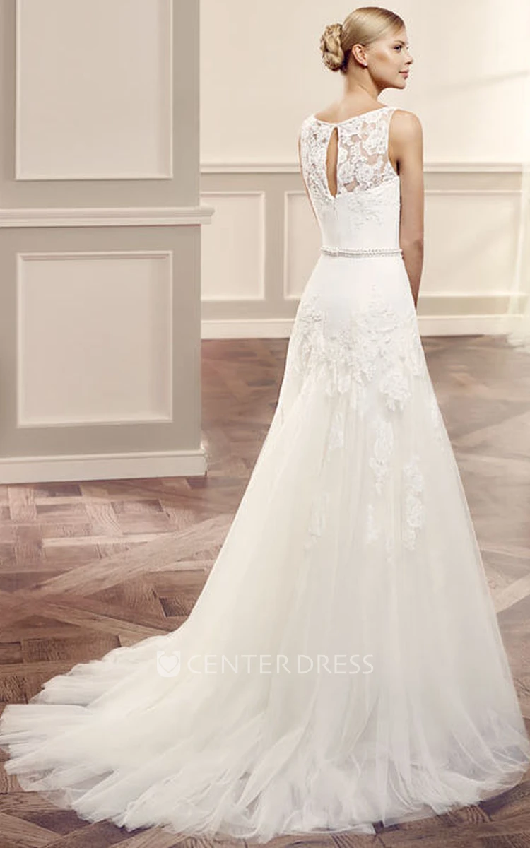 A-Line Bateau Sleeveless Appliqued Maxi Tulle Wedding Dress With Illusion Back And Waist Jewellery