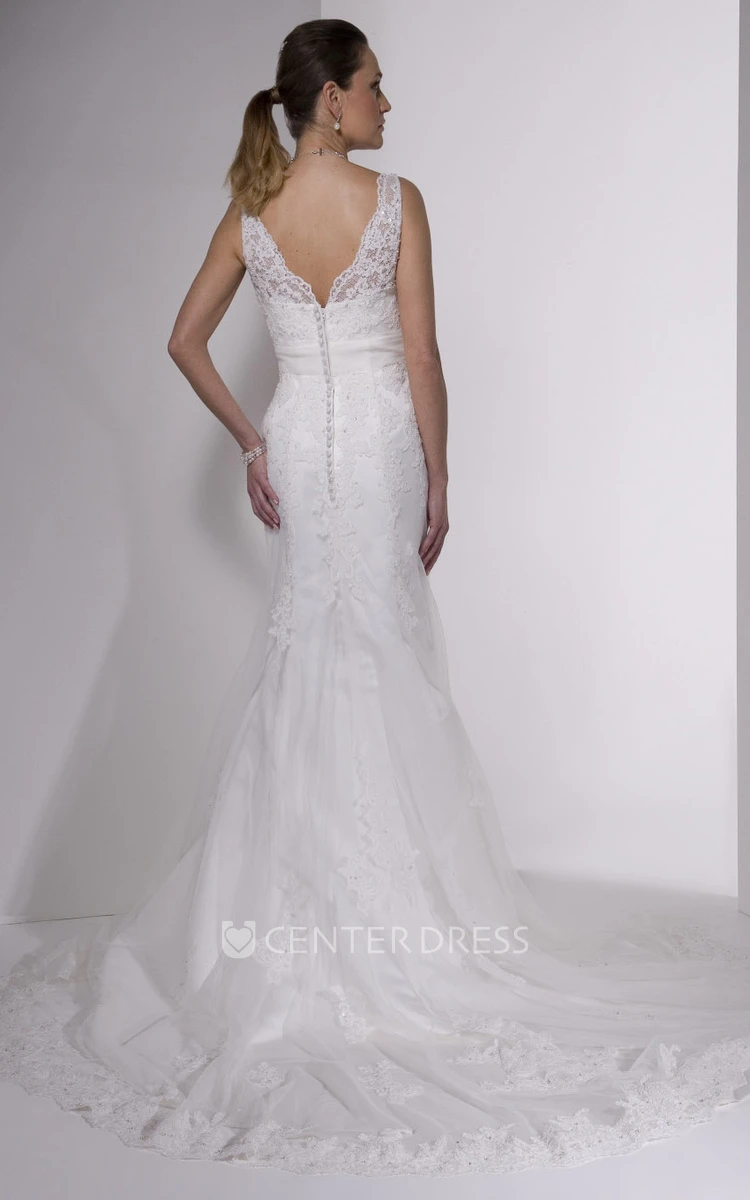 Sheath Floor-Length Appliqued Sleeveless V-Neck Satin Wedding Dress With Low-V Back And Court Train