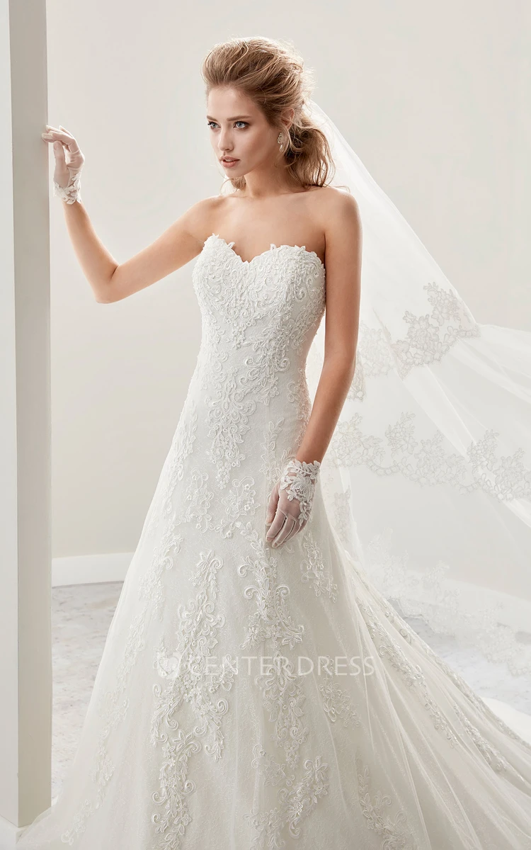 Strapless A-Line Lace Bridal Gown With Embroidered Lace And Half Back