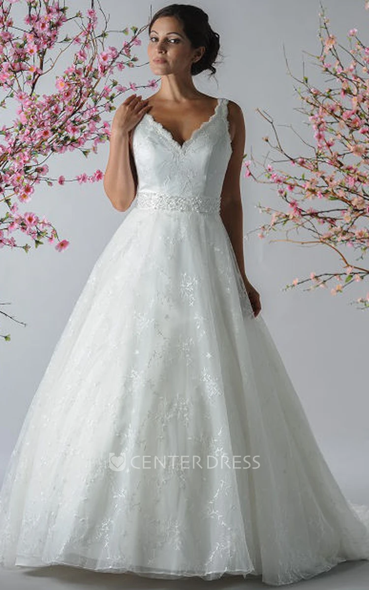 Scalloped V Neck A-Line Embroidered Tulle Bridal Gown With Sash