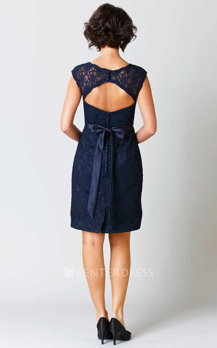 Pencil Sleeveless Short Scoop-Neck Lace Bridesmaid Dress With Ribbon And Keyhole