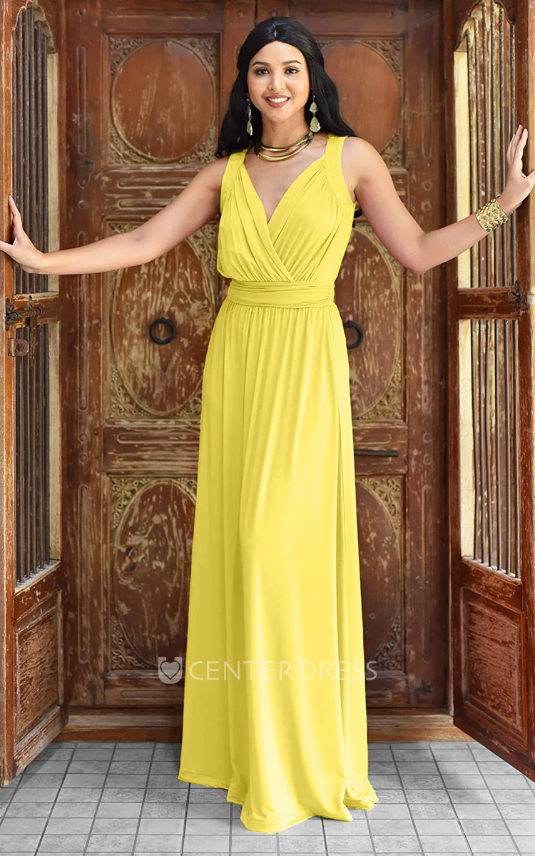 Casual Chiffon Floor-length V-neck A Line Sleeveless Bridesmaid Dress With Ruching